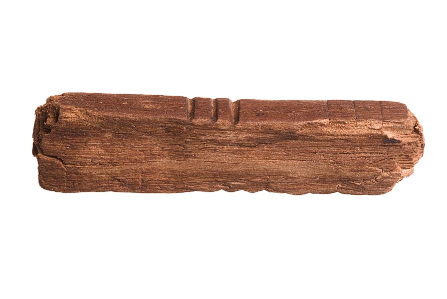Fragment of a wooden tallystick with 3 deep notches and 4 shallow ones carved into the top.
