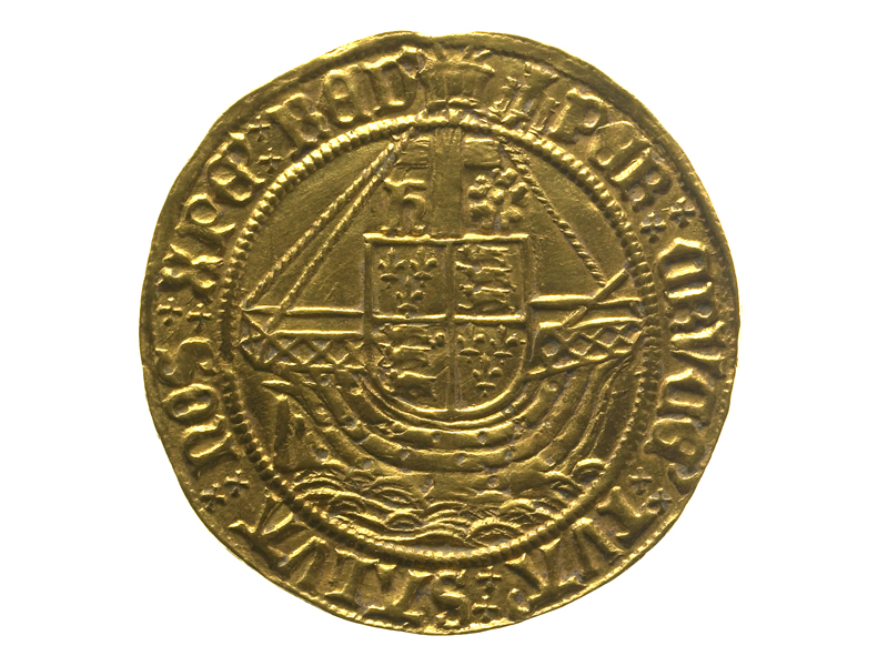 Gold coin showing St Michael spearing a dragon. The inscription reads 'HENRIC DI GRA REX ANGLZ Z FRANC' (Henry by the Grace of God King of England and France).