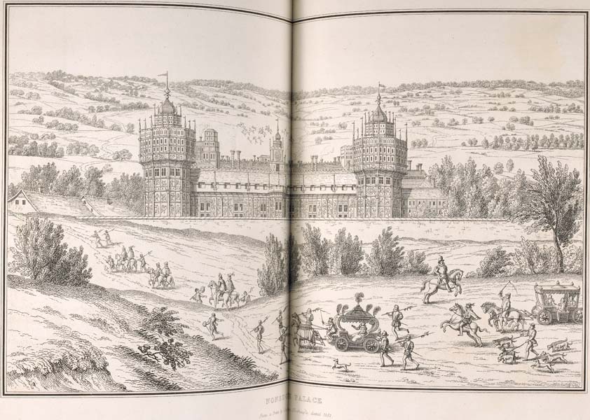Carriages and an escort bringing Queen Elizabeth I arrive at Nonsuch Palace, shown surrounded by countryside