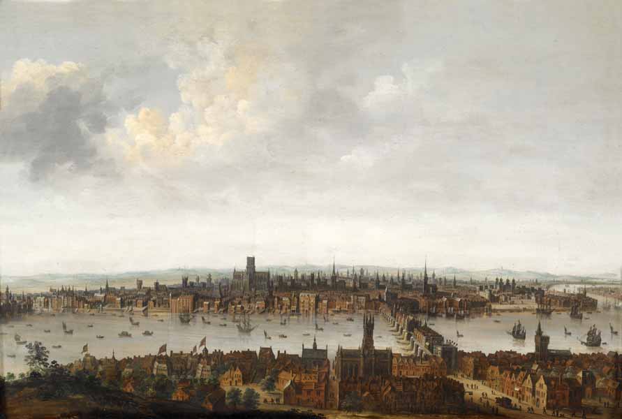 Photograph: painting of London before the fire, as seen from the south bank of the Thames. The City has many church spires. In the foreground is Southwark and London Bridge.