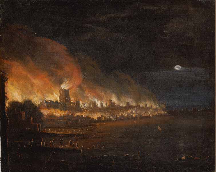 Painting in black and orange showing London on fire. In the foreground is the River Thames with people escaping into boats.