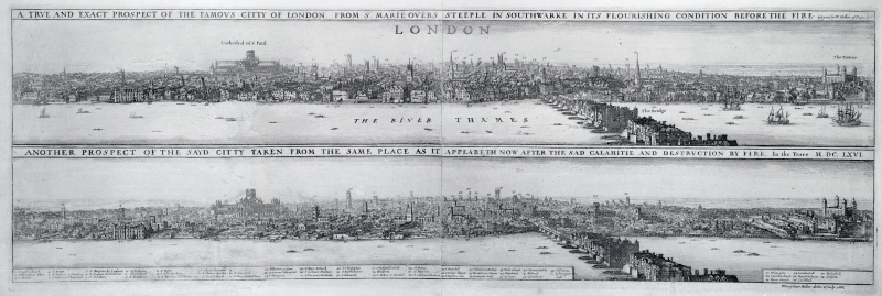 Photograph: engraving of London before and after the Great Fire. There are 2 City panoramas. The second shows London in ruins.
