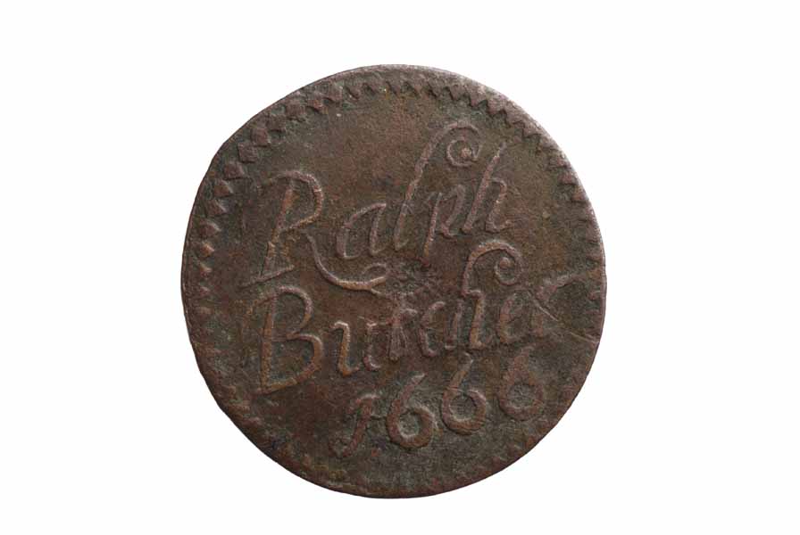 Photograph: circular token with the words 'Ralph.Butcher.1666'.