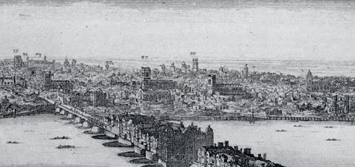 Photograph: engraving of London before and after the Great Fire. There are 2 City panoramas. The second shows London in ruins.