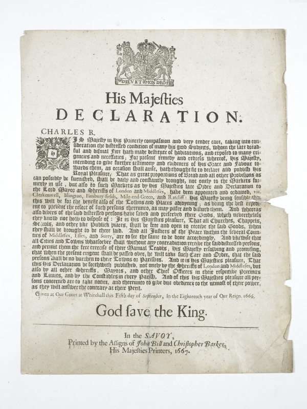 Declaration for the relief of homeless Londoners. Printed document on one page. There is a large royal coat of arms at the top of the page.