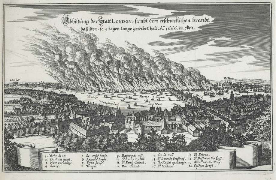 German engraving of the Great Fire showing a view of London across the Thames from the south. Huge flames and clouds of smoke billow from the city. Southwark is in the foreground.