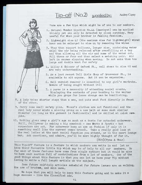 Page listing tips with illustration of a figure dressed in a skirt and high heels.