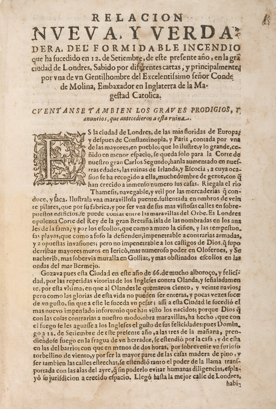 First page from a printed Spanish account of the Great Fire.