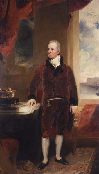 Man with jacket and breeches in a richly furnished interior with his hand on a book.  The docks are visible from a window on the right.