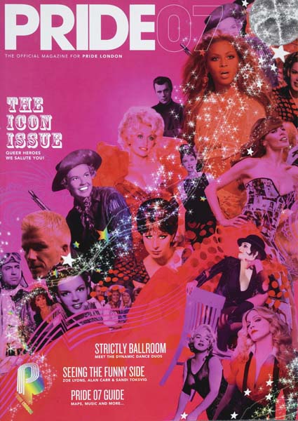 Front cover of magazine with montage of gay icons.