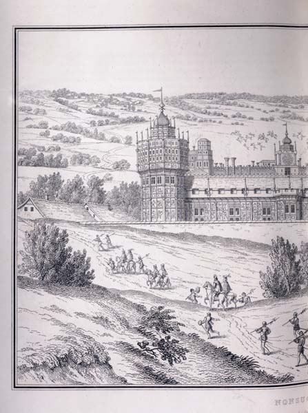 Carriages and an escort bringing Queen Elizabeth I arrive at Nonsuch Palace, shown surrounded by countryside