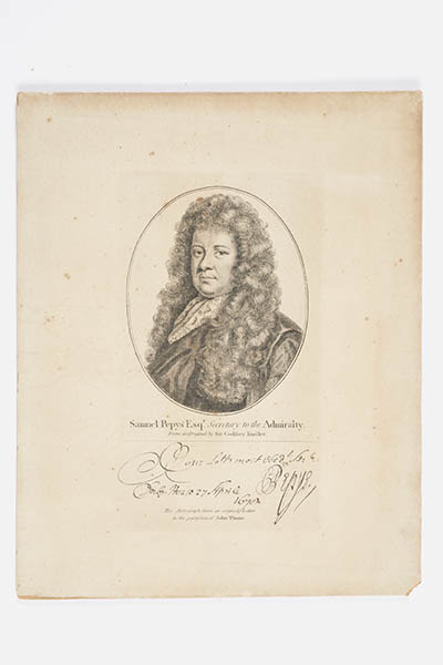 Photograph: engraving of Samuel Pepys wearing a large curly wig.